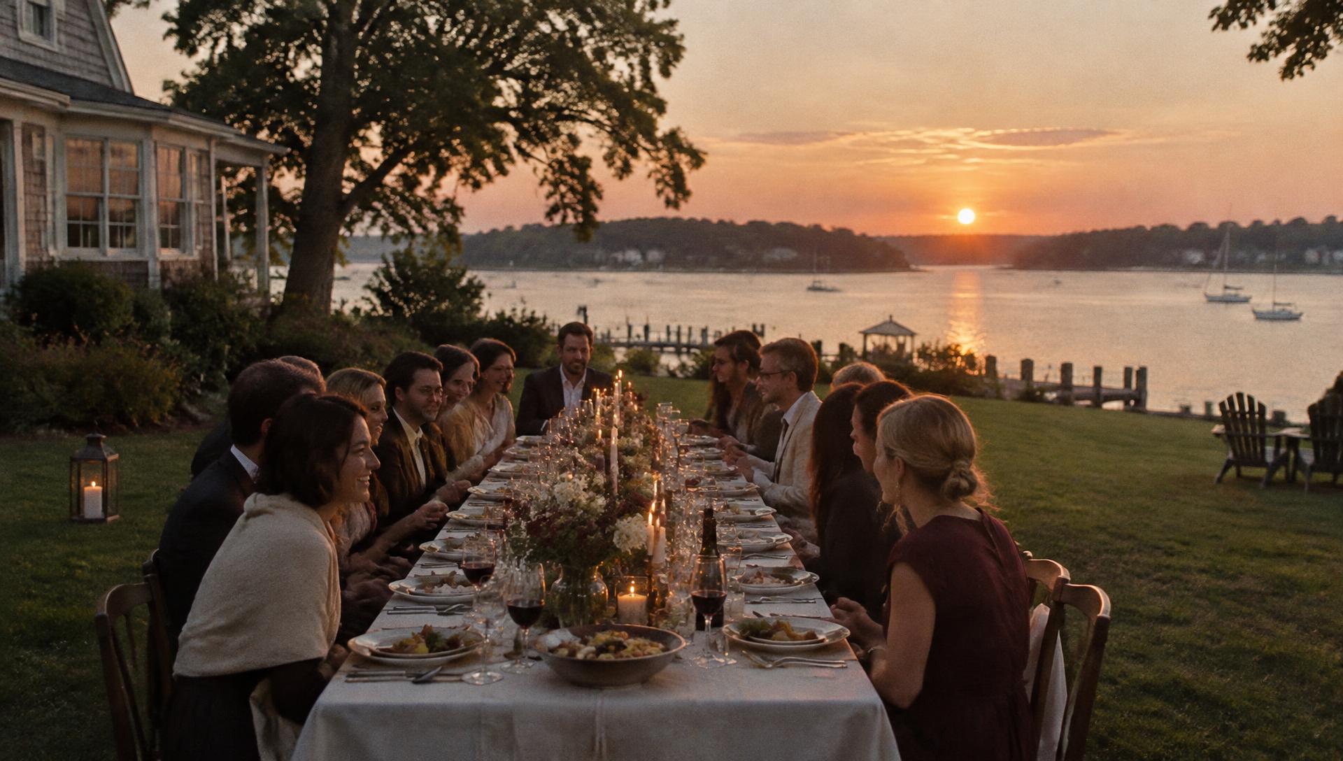 A long candlelit dinner table overlooking the Mystic River at golden hour